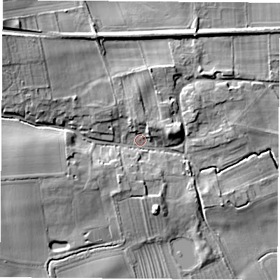 Shaded relief map of the ground around YO268DA, computed from Environment Agency LiDAR. The ground here sits at about 19 m above sea level and falls 15 m across the surrounding 800 m. Surface water reaching this point runs off ground lying to the north-west, 11.0 m higher.