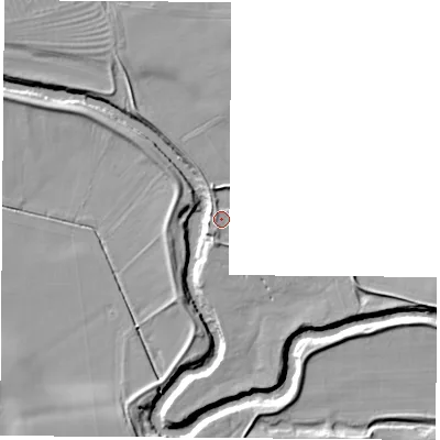 Shaded relief map of the ground around YO268DB, computed from Environment Agency LiDAR. The ground here sits at about 15 m above sea level and falls 7 m across the surrounding 800 m. Surface water reaching this point runs off ground lying to the north-north-west, 1.2 m higher.