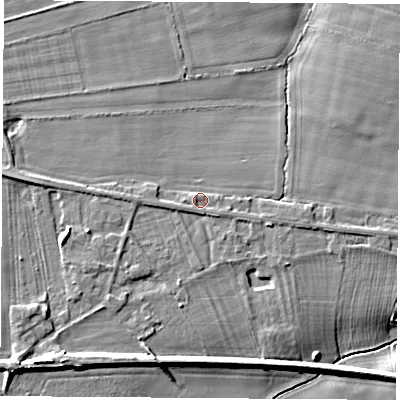 Shaded relief map of the ground around YO268DH, computed from Environment Agency LiDAR. The ground here sits at about 17 m above sea level and falls 9 m across the surrounding 800 m. Surface water reaching this point runs off ground lying to the west-north-west, 0.6 m higher.