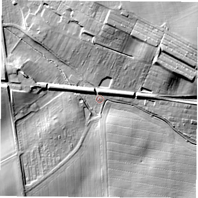 Shaded relief map of the ground around YO268DT, computed from Environment Agency LiDAR. The ground here sits at about 27 m above sea level and falls 26 m across the surrounding 800 m. Surface water reaching this point runs off ground lying to the east-north-east, 24.5 m higher.