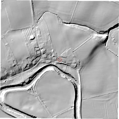 Shaded relief map of the ground around YO268DY, computed from Environment Agency LiDAR. The ground here sits at about 20 m above sea level and falls 13 m across the surrounding 800 m. Surface water reaching this point runs off ground lying to the north-north-west, 4.1 m higher.