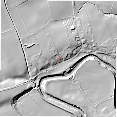 Shaded relief map of the ground around YO268EA, computed from Environment Agency LiDAR. The ground here sits at about 20 m above sea level and falls 13 m across the surrounding 800 m. Surface water reaching this point runs off ground lying to the north, 3.7 m higher.