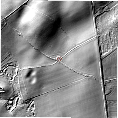 Shaded relief map of the ground around YO268EB, computed from Environment Agency LiDAR. The ground here sits at about 30 m above sea level and falls 17 m across the surrounding 800 m. Surface water reaching this point runs off ground lying to the north-north-west, 12.6 m higher.