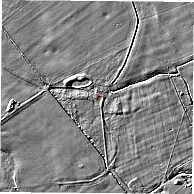 Shaded relief map of the ground around YO268EJ, computed from Environment Agency LiDAR. The ground here sits at about 14 m above sea level and falls 4 m across the surrounding 800 m. Surface water reaching this point runs off ground lying to the west, 1.5 m higher.