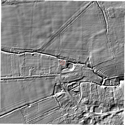 Shaded relief map of the ground around YO268EN, computed from Environment Agency LiDAR. The ground here sits at about 13 m above sea level and falls 5 m across the surrounding 800 m. Surface water reaching this point runs off ground lying to the north-west, 3.4 m higher.