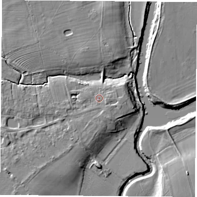 Shaded relief map of the ground around YO268ES, computed from Environment Agency LiDAR. The ground here sits at about 13 m above sea level and falls 10 m across the surrounding 800 m. Surface water reaching this point runs off ground lying to the east-south-east, 1.4 m higher.