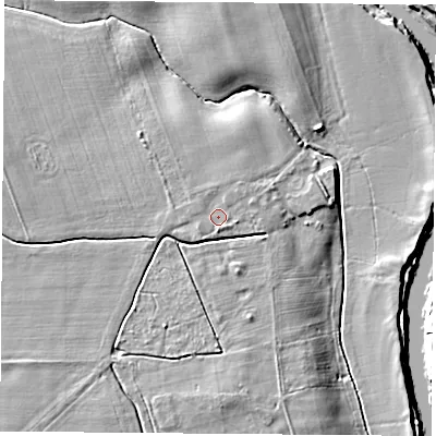 Shaded relief map of the ground around YO268ET, computed from Environment Agency LiDAR. The ground here sits at about 13 m above sea level and falls 9 m across the surrounding 800 m. Surface water reaching this point runs off ground lying to the south, 1.0 m higher.