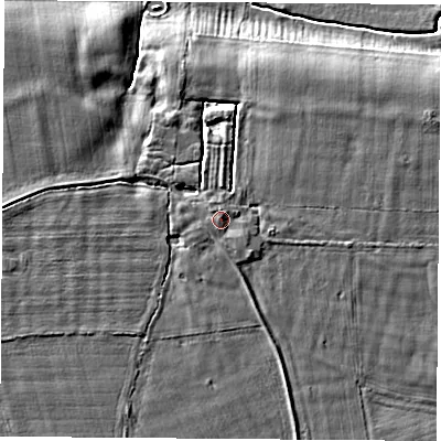 Shaded relief map of the ground around YO268EX, computed from Environment Agency LiDAR. The ground here sits at about 14 m above sea level and falls 5 m across the surrounding 800 m. Surface water reaching this point runs off ground lying to the north-north-east, 0.7 m higher.