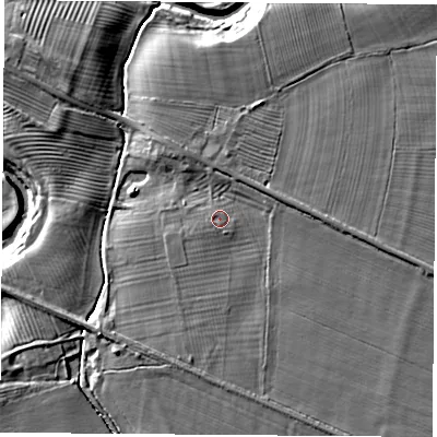 Shaded relief map of the ground around YO268EZ, computed from Environment Agency LiDAR. The ground here sits at about 14 m above sea level and falls 9 m across the surrounding 800 m. Surface water reaching this point runs off ground lying to the west-south-west, 1.0 m higher.