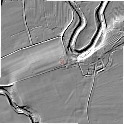 Shaded relief map of the ground around YO268HA, computed from Environment Agency LiDAR. The ground here sits at about 16 m above sea level and falls 8 m across the surrounding 800 m. Surface water reaching this point runs off ground lying to the south-west, 0.7 m higher.