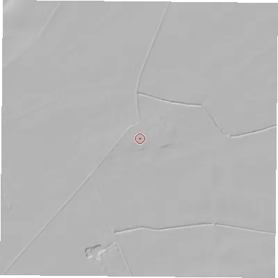 Shaded relief map of the ground around YO268HB, computed from Environment Agency LiDAR. The ground here sits at about 16 m above sea level and falls 4 m across the surrounding 800 m. The ground contributing surface water to this point lies to the east-south-east.