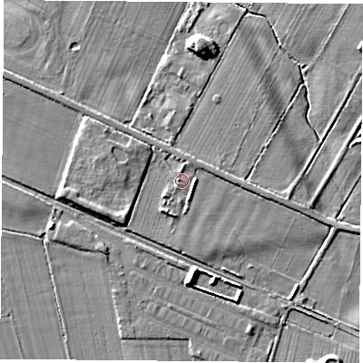 Shaded relief map of the ground around YO268HN, computed from Environment Agency LiDAR. The ground here sits at about 15 m above sea level and falls 10 m across the surrounding 800 m. Surface water reaching this point runs off ground lying to the west-south-west, 3.2 m higher.