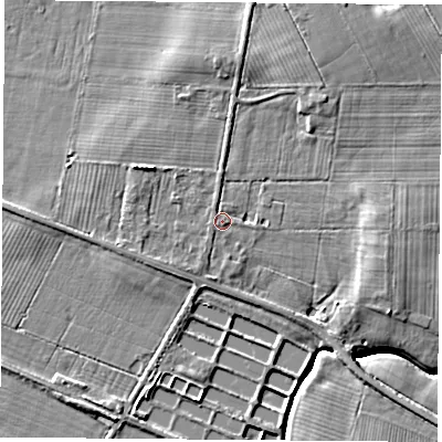 Shaded relief map of the ground around YO268JH, computed from Environment Agency LiDAR. The ground here sits at about 15 m above sea level and falls 7 m across the surrounding 800 m. Surface water reaching this point runs off ground lying to the north-north-west, 1.1 m higher.