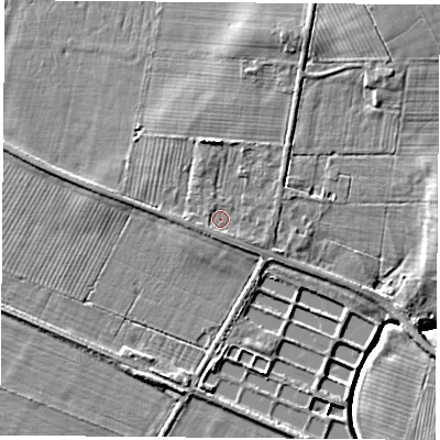 Shaded relief map of the ground around YO268JJ, computed from Environment Agency LiDAR. The ground here sits at about 15 m above sea level and falls 7 m across the surrounding 800 m. Surface water reaching this point runs off ground lying to the south, 0.6 m higher.