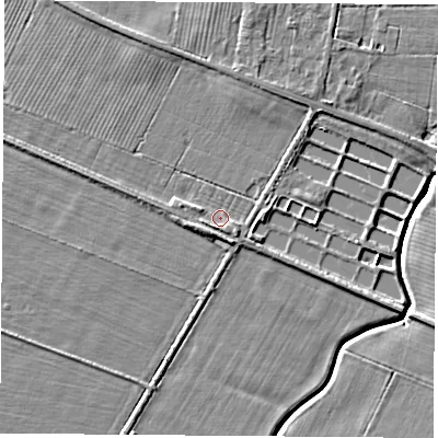 Shaded relief map of the ground around YO268JL, computed from Environment Agency LiDAR. The ground here sits at about 14 m above sea level and falls 5 m across the surrounding 800 m. Surface water reaching this point runs off ground lying to the south-west, 2.0 m higher.