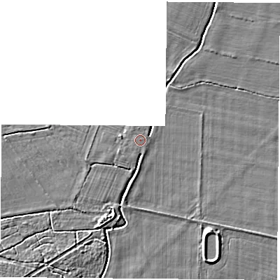 Shaded relief map of the ground around YO268JN, computed from Environment Agency LiDAR. The ground here sits at about 15 m above sea level and falls 4 m across the surrounding 800 m. The ground contributing surface water to this point lies to the north-east.