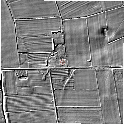 Shaded relief map of the ground around YO268JP, computed from Environment Agency LiDAR. The ground here sits at about 15 m above sea level and falls 6 m across the surrounding 800 m. Surface water reaching this point runs off ground lying to the east, 2.1 m higher.