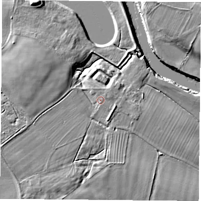 Shaded relief map of the ground around YO268JQ, computed from Environment Agency LiDAR. The ground here sits at about 13 m above sea level and falls 11 m across the surrounding 800 m. Surface water reaching this point runs off ground lying to the west, 3.6 m higher.