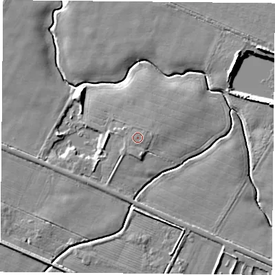 Shaded relief map of the ground around YO268JU, computed from Environment Agency LiDAR. The ground here sits at about 15 m above sea level and falls 8 m across the surrounding 800 m. The ground contributing surface water to this point lies to the south-south-east.