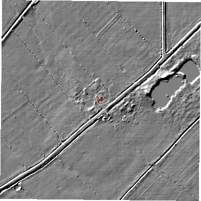 Shaded relief map of the ground around YO268JW, computed from Environment Agency LiDAR. The ground here sits at about 15 m above sea level and falls 3 m across the surrounding 800 m. Surface water reaching this point runs off ground lying to the south-south-west, 1.0 m higher.
