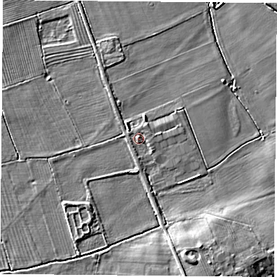 Shaded relief map of the ground around YO268LA, computed from Environment Agency LiDAR. The ground here sits at about 15 m above sea level and falls 6 m across the surrounding 800 m. Surface water reaching this point runs off ground lying to the north, 1.0 m higher.