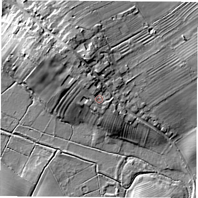 Shaded relief map of the ground around YO269RD, computed from Environment Agency LiDAR. The ground here sits at about 28 m above sea level and falls 16 m across the surrounding 800 m. Surface water reaching this point runs off ground lying to the north-west, 2.4 m higher.