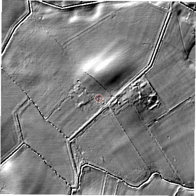 Shaded relief map of the ground around YO269RX, computed from Environment Agency LiDAR. The ground here sits at about 16 m above sea level and falls 10 m across the surrounding 800 m. Surface water reaching this point runs off ground lying to the north-north-east, 4.4 m higher.