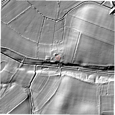 Shaded relief map of the ground around YO269RY, computed from Environment Agency LiDAR. The ground here sits at about 14 m above sea level and falls 10 m across the surrounding 800 m. Surface water reaching this point runs off ground lying to the east, 1.3 m higher.