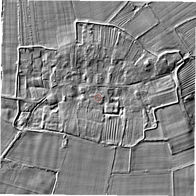 Shaded relief map of the ground around YO269RZ, computed from Environment Agency LiDAR. The ground here sits at about 14 m above sea level and falls 4 m across the surrounding 800 m. Surface water reaching this point runs off ground lying to the south-west, 1.7 m higher.