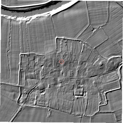 Shaded relief map of the ground around YO269SA, computed from Environment Agency LiDAR. The ground here sits at about 15 m above sea level and falls 6 m across the surrounding 800 m. Surface water reaching this point runs off ground lying to the west-north-west, 1.1 m higher.