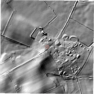 Shaded relief map of the ground around YO269SB, computed from Environment Agency LiDAR. The ground here sits at about 21 m above sea level and falls 20 m across the surrounding 800 m. Surface water reaching this point runs off ground lying to the south-south-west, 3.2 m higher.