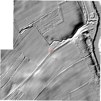 Shaded relief map of the ground around YO269SJ, computed from Environment Agency LiDAR. The ground here sits at about 15 m above sea level and falls 13 m across the surrounding 800 m. Surface water reaching this point runs off ground lying to the south-west, 1.0 m higher.