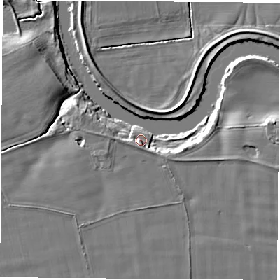 Shaded relief map of the ground around YO269ST, computed from Environment Agency LiDAR. The ground here sits at about 12 m above sea level and falls 7 m across the surrounding 800 m. Surface water reaching this point runs off ground lying to the west-south-west, 3.6 m higher.