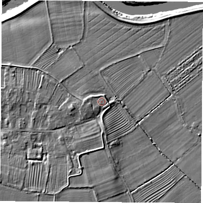 Shaded relief map of the ground around YO269SU, computed from Environment Agency LiDAR. The ground here sits at about 14 m above sea level and falls 6 m across the surrounding 800 m. Surface water reaching this point runs off ground lying to the west, 1.9 m higher.
