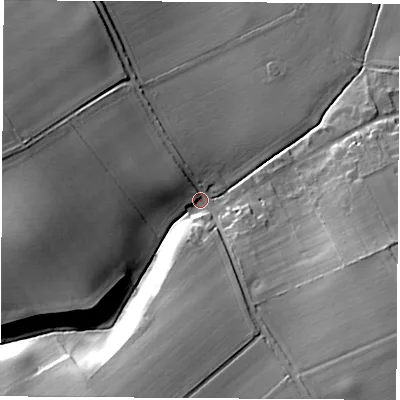 Shaded relief map of the ground around YO269TJ, computed from Environment Agency LiDAR. The ground here sits at about 32 m above sea level and falls 27 m across the surrounding 800 m. Surface water reaching this point runs off ground lying to the south-west, 20.5 m higher.