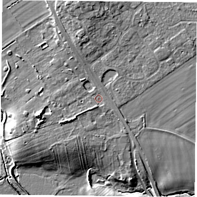 Shaded relief map of the ground around YO301XW, computed from Environment Agency LiDAR. The ground here sits at about 14 m above sea level and falls 13 m across the surrounding 800 m. Surface water reaching this point runs off ground lying to the south-west, 3.3 m higher.