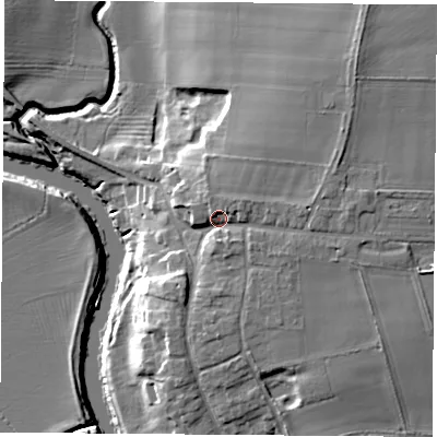 Shaded relief map of the ground around YO302BU, computed from Environment Agency LiDAR. The ground here sits at about 19 m above sea level and falls 16 m across the surrounding 800 m. Surface water reaching this point runs off ground lying to the east, 3.2 m higher.