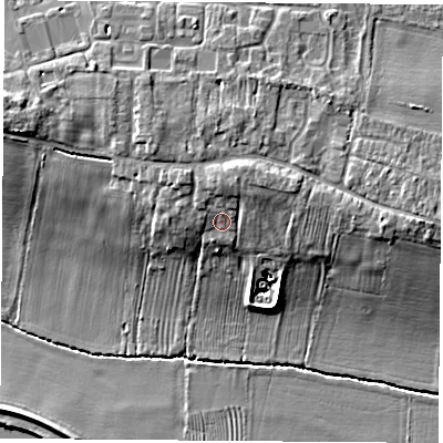 Shaded relief map of the ground around YO302TG, computed from Environment Agency LiDAR. The ground here sits at about 15 m above sea level and falls 10 m across the surrounding 800 m. Surface water reaching this point runs off ground lying to the north, 2.2 m higher.