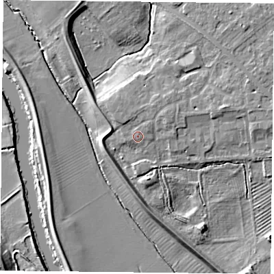 Shaded relief map of the ground around YO305FF, computed from Environment Agency LiDAR. The ground here sits at about 11 m above sea level and falls 12 m across the surrounding 800 m. Surface water reaching this point runs off ground lying to the north-east, 2.1 m higher.