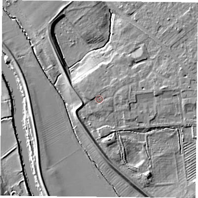 Shaded relief map of the ground around YO305FG, computed from Environment Agency LiDAR. The ground here sits at about 11 m above sea level and falls 11 m across the surrounding 800 m. Surface water reaching this point runs off ground lying to the east-north-east, 2.1 m higher.