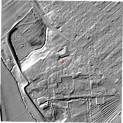Shaded relief map of the ground around YO305FL, computed from Environment Agency LiDAR. The ground here sits at about 12 m above sea level and falls 8 m across the surrounding 800 m. Surface water reaching this point runs off ground lying to the south-south-west, 1.8 m higher.