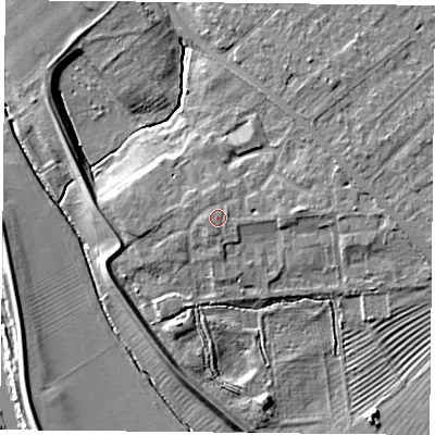 Shaded relief map of the ground around YO305FP, computed from Environment Agency LiDAR. The ground here sits at about 13 m above sea level and falls 9 m across the surrounding 800 m. The ground contributing surface water to this point lies to the west.
