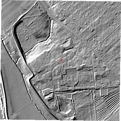 Shaded relief map of the ground around YO305FW, computed from Environment Agency LiDAR. The ground here sits at about 13 m above sea level and falls 9 m across the surrounding 800 m. Surface water reaching this point runs off ground lying to the south-south-west, 0.7 m higher.