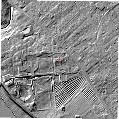 Shaded relief map of the ground around YO305PA, computed from Environment Agency LiDAR. The ground here sits at about 13 m above sea level and falls 8 m across the surrounding 800 m. Surface water reaching this point runs off ground lying to the east-north-east, 1.1 m higher.