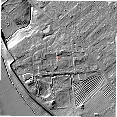 Shaded relief map of the ground around YO305PB, computed from Environment Agency LiDAR. The ground here sits at about 12 m above sea level and falls 8 m across the surrounding 800 m. Surface water reaching this point runs off ground lying to the north-north-west, 1.5 m higher.