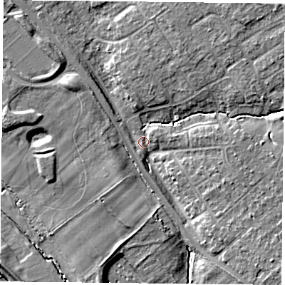 Shaded relief map of the ground around YO305RB, computed from Environment Agency LiDAR. The ground here sits at about 11 m above sea level and falls 9 m across the surrounding 800 m. Surface water reaching this point runs off ground lying to the north-east, 5.0 m higher.