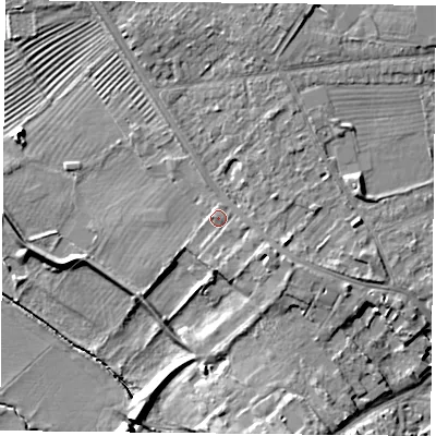 Shaded relief map of the ground around YO305RE, computed from Environment Agency LiDAR. The ground here sits at about 13 m above sea level and falls 10 m across the surrounding 800 m. Surface water reaching this point runs off ground lying to the west-north-west, 1.0 m higher.