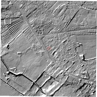 Shaded relief map of the ground around YO305RF, computed from Environment Agency LiDAR. The ground here sits at about 12 m above sea level and falls 9 m across the surrounding 800 m. Surface water reaching this point runs off ground lying to the south-south-east, 3.1 m higher.