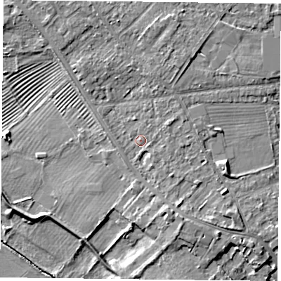 Shaded relief map of the ground around YO305RG, computed from Environment Agency LiDAR. The ground here sits at about 12 m above sea level and falls 9 m across the surrounding 800 m. Surface water reaching this point runs off ground lying to the south-south-east, 3.1 m higher.