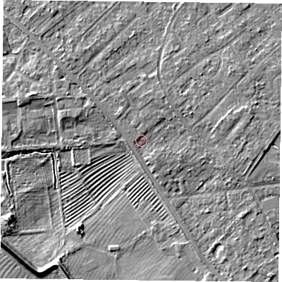 Shaded relief map of the ground around YO305RQ, computed from Environment Agency LiDAR. The ground here sits at about 13 m above sea level and falls 8 m across the surrounding 800 m. Surface water reaching this point runs off ground lying to the east, 2.1 m higher.